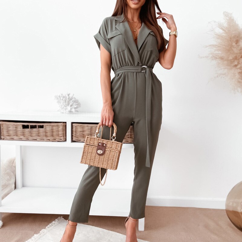 Elegant Office Lady Jumpsuit Turn-down Collar Solid Spring Playsuit 2021 Summer Short Sleeve Lace-up Belted Women Romper Overall