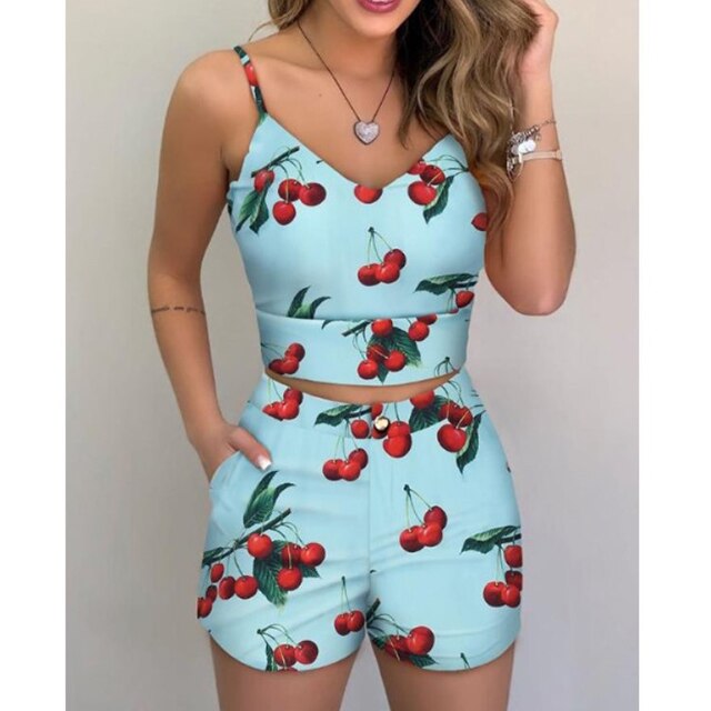 Fashion Women Shorts Suits 2 Pieces Sets Summer Office Lady Floral Strap Tank Crop Top+High Waist Button Shorts Female Outfits