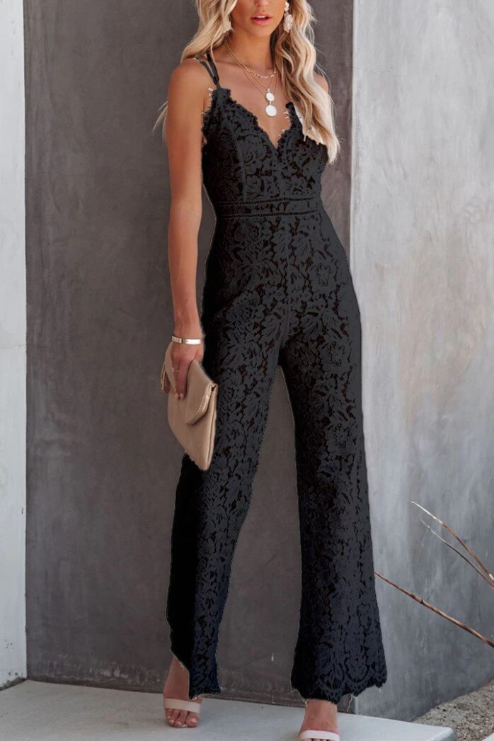 Elegant Office Lady Jumpsuit Sexy Crochet Lace Embroidery Autumn Playsuit Women Summer Sleeveless Strap Party Jumpsuits Overalls