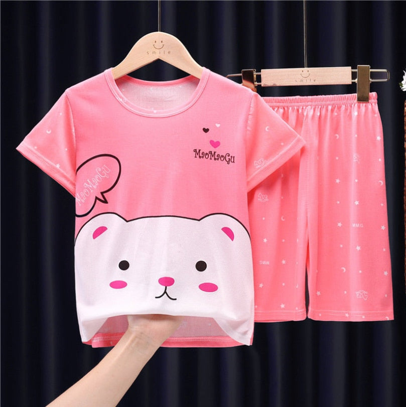 The New Casual Kids Short Sleeve Pajama Set Children Clothing Summer Boys Girls Home Clothes Tops+Shorts Suit Costumes