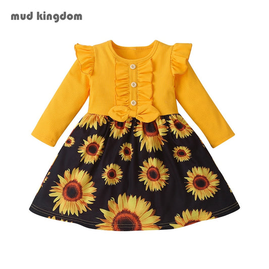 Mudkingdom Long Sleeve  Dresses for Little Girls Sunflower Pattern Print Ruffle Bow Girls Casual Dress for Kids Clothing Spring