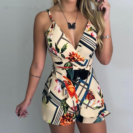 Sexy V-neck Spaghetti Strap Floral Print Women Short Romper Playsuit Female Beach Ruffle Sleeveless 2021 Fashion Casual Jumpsuit