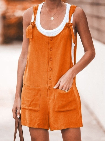 Summer Women Sleeveless Overalls Elegant Jumpsuits Romper Casual Vintage Ladies Short Pants Cotton and linen Wide Leg Pants