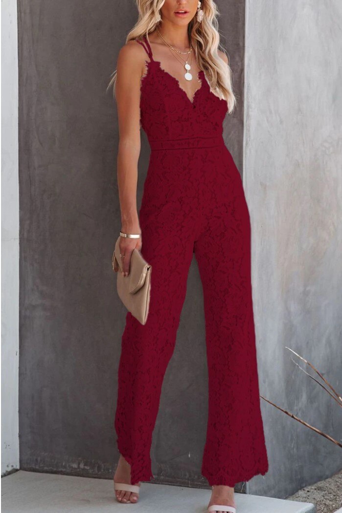 Elegant Office Lady Jumpsuit Sexy Crochet Lace Embroidery Autumn Playsuit Women Summer Sleeveless Strap Party Jumpsuits Overalls