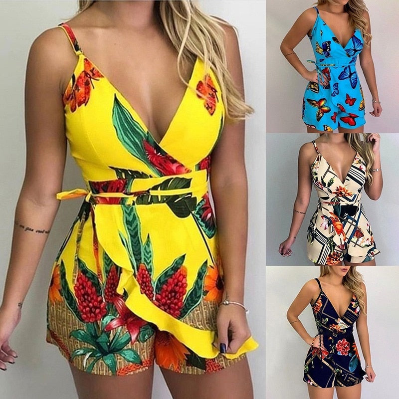 Women&#39;s Summer Print Jumpsuit Short Pants Casual Slim Bandage V-Neck Beach Rompers Sleeveless Bodysuit Sexy Playsuit