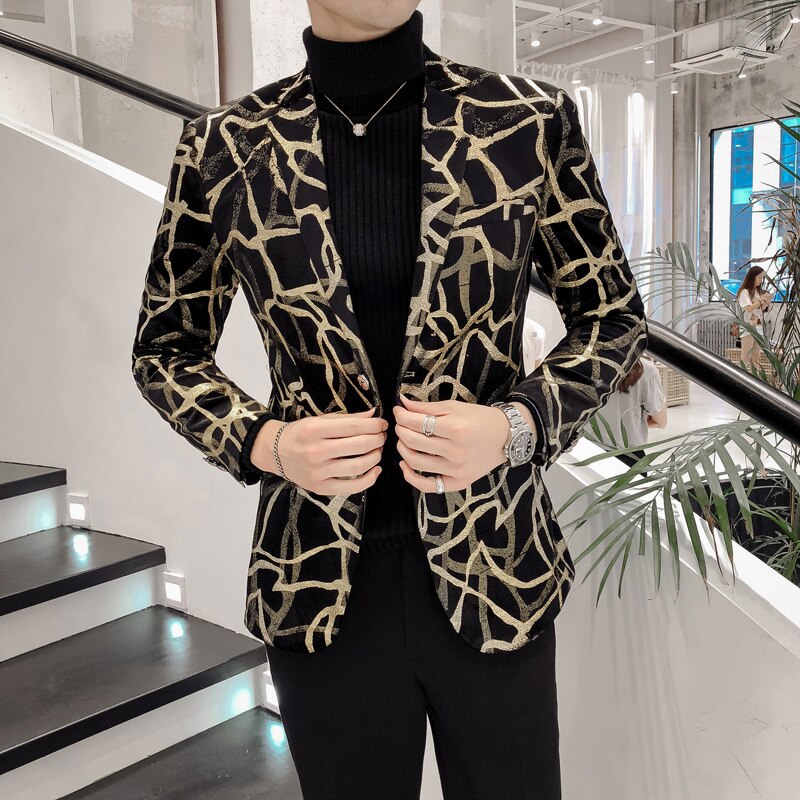 2020 New Blazer Men Korean Slim Fit Print Mens Blazer Jacket Long Sleeve Casual Hairstylist Suit Jacket Dress Blazer Masculino