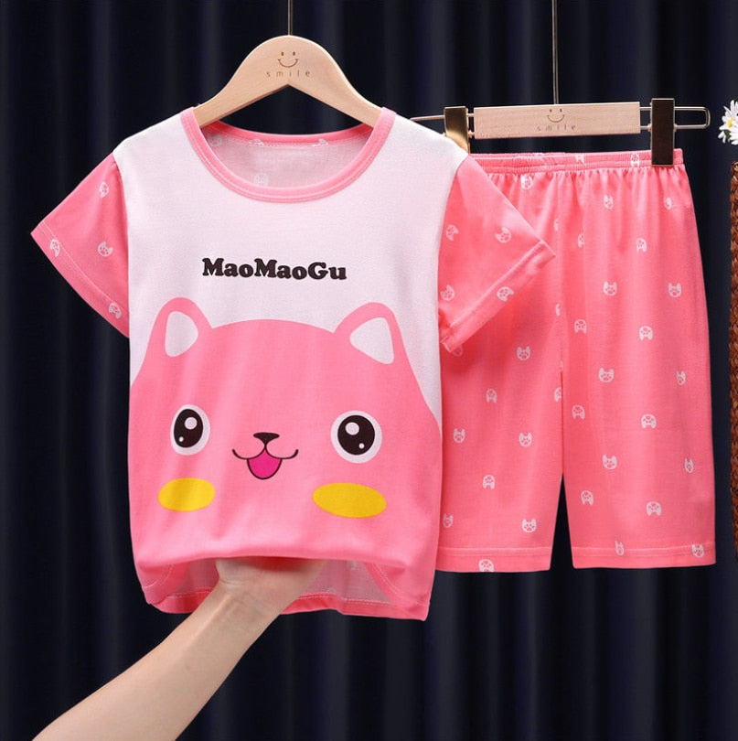 The New Casual Kids Short Sleeve Pajama Set Children Clothing Summer Boys Girls Home Clothes Tops+Shorts Suit Costumes