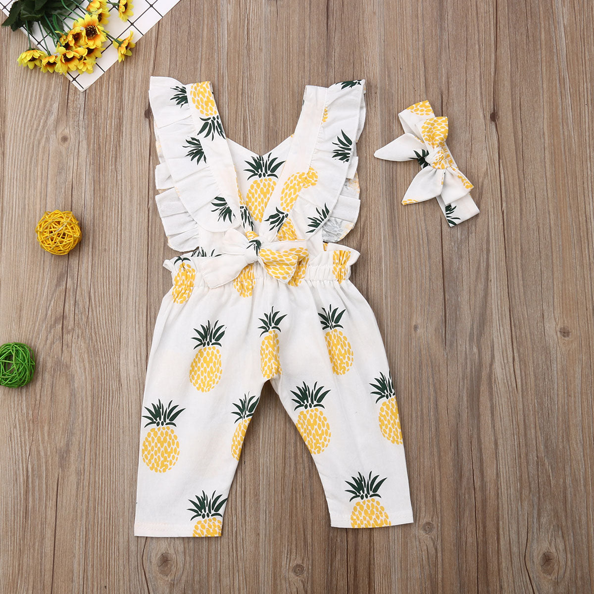 New Baby Girls Clothes Newborn Jumpsuits Toddler Sleeveless Ruffle Pineapple Printed Romper Headband Infant Outfits Clothing