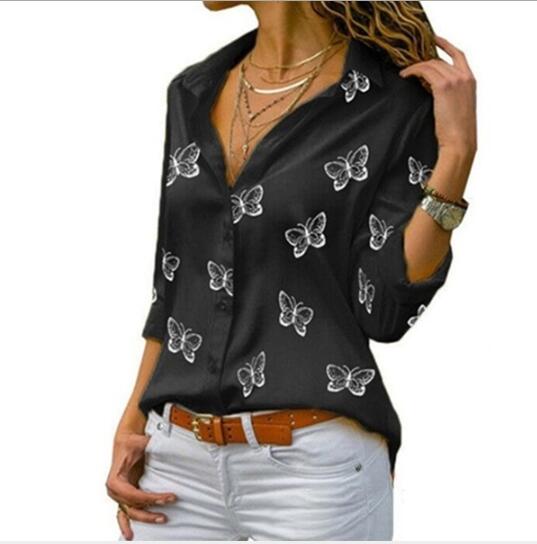 Fashion Butterfly Print Casual Blouse Long Sleeve Elegant Women Tops Single Row Button Streetwear Ladies Black White Shirt