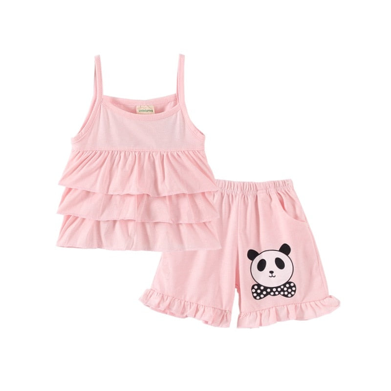 Mudkingdom Cute Girls Outfits Panda Print Ruffle Tank Tops and Shorts Set for Kids Clothes Solid Sleeveless Short Pant Suit Sale