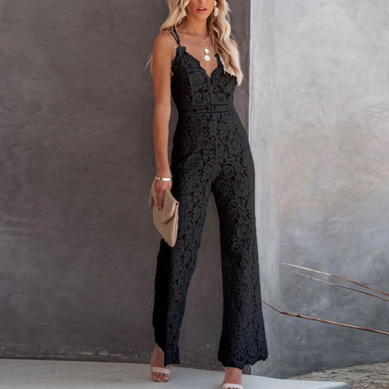 Elegant Office Lady Jumpsuit Sexy Crochet Lace Embroidery Autumn Playsuit Women Summer Sleeveless Strap Party Jumpsuits Overalls