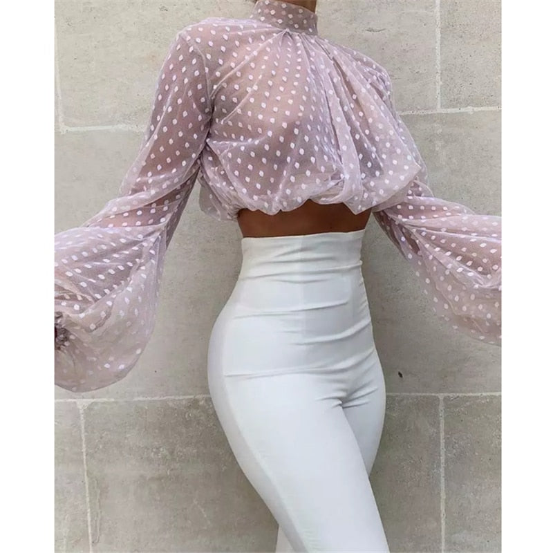 Mesh Sheer Women Blouses Cute Puff Sleeve Fashion Elegant Shirt 2020 Autumn Spring Female Polka Dot Tops Ladies Blouse