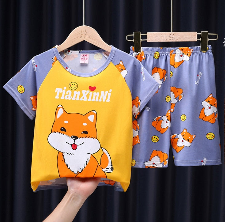 The New Casual Kids Short Sleeve Pajama Set Children Clothing Summer Boys Girls Home Clothes Tops+Shorts Suit Costumes