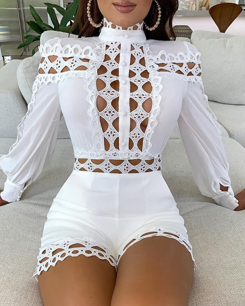 Sexy Hollow Out Playsuits for Women Summer Long Sleeve Skinny Nightclub Overall Fashion Woman Clothing