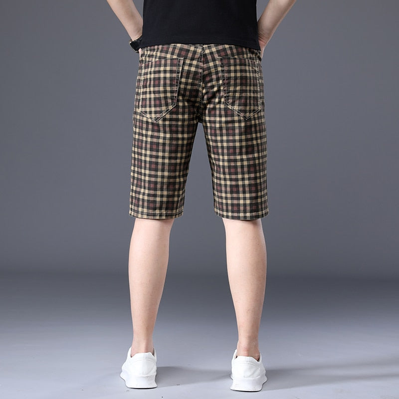 JEYWOOD Brand Summer Thin Plaid Shorts Men Knee Length Pants Straight Beach Short 98%Cotton Blue Plaid Patchwork Pant Male