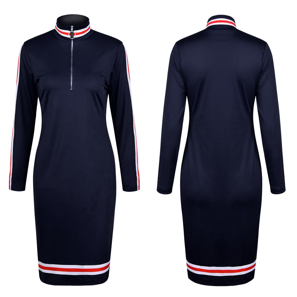 Sport Style Office Women Zipper Dress Spring Half-high Collar Hip Ladies Dress Fashion Female Long Sleeve Elastic Waist Vestidos