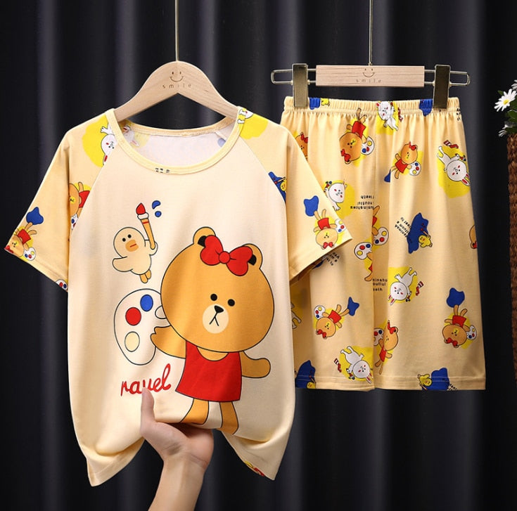 The New Casual Kids Short Sleeve Pajama Set Children Clothing Summer Boys Girls Home Clothes Tops+Shorts Suit Costumes