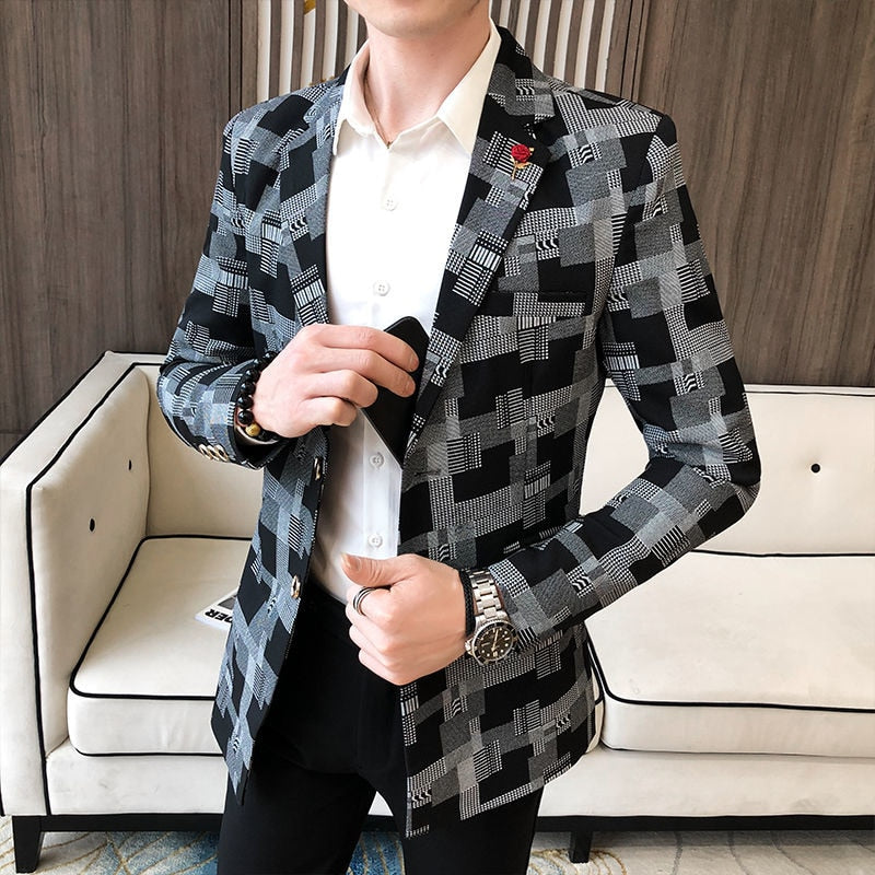 2020 Korean Plaid Suit Blazer Jacket Men Stylish Dress Prom Blazers For Men Casual Slim Club Stage Singer Suit Blusa Masculina