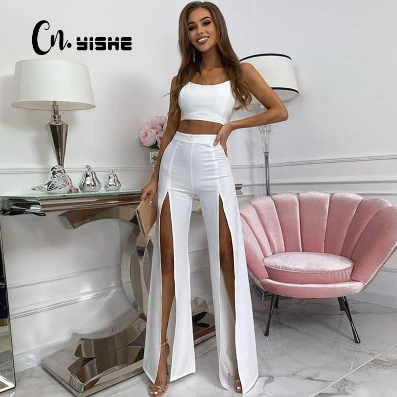 CNYISHE Pants Women Sexy Midnight High Slit Flare Pants Women Bottoms White Black High Waist Trousers Female Bell Bottoms Casual