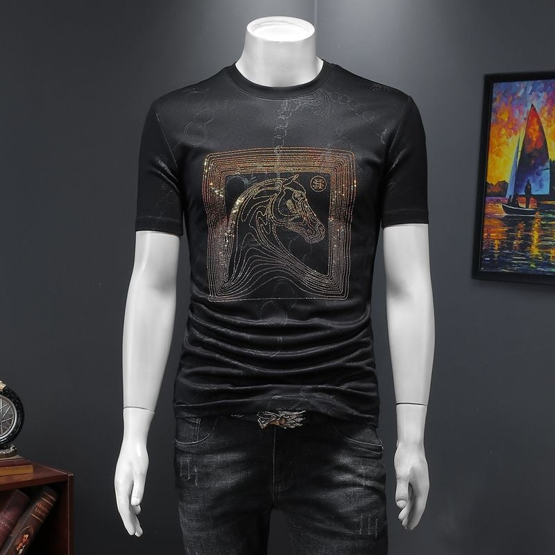 High Quality Luxury Animal Horse Head Tide Brand Rhinestones Short Sleeve Tee 2022 Summer Men&#39;s Slim Fit Hot Drilling Tshirt