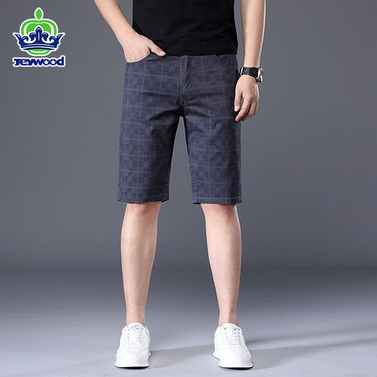 JEYWOOD Brand Summer Thin Plaid Shorts Men Knee Length Pants Straight Beach Short 98%Cotton Blue Plaid Patchwork Pant Male