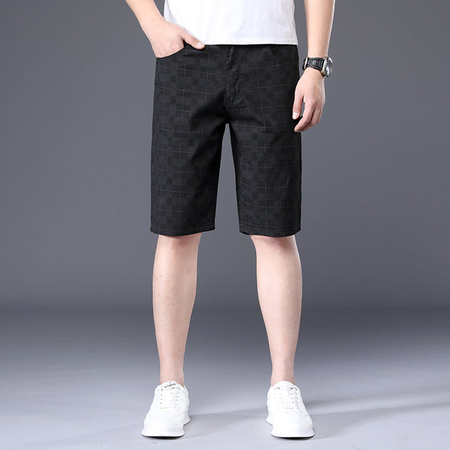 JEYWOOD Brand Summer Thin Plaid Shorts Men Knee Length Pants Straight Beach Short 98%Cotton Blue Plaid Patchwork Pant Male