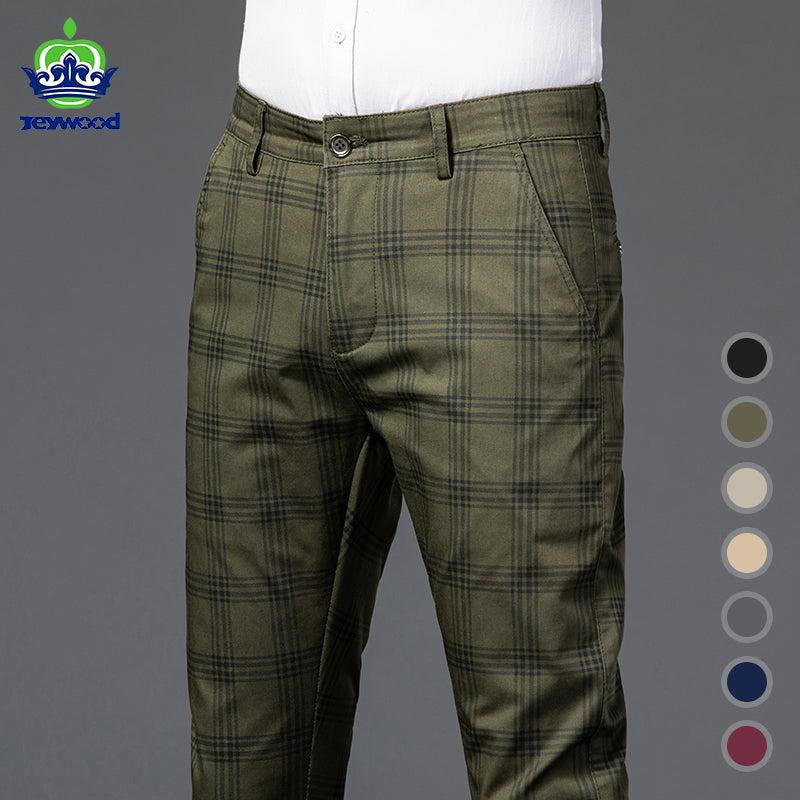 Jeywood Brand New Mens Casual Pants Stretch Stripe Plaid Cotton Skinny Slim Cutting Army Green Office wedding Trousers Male