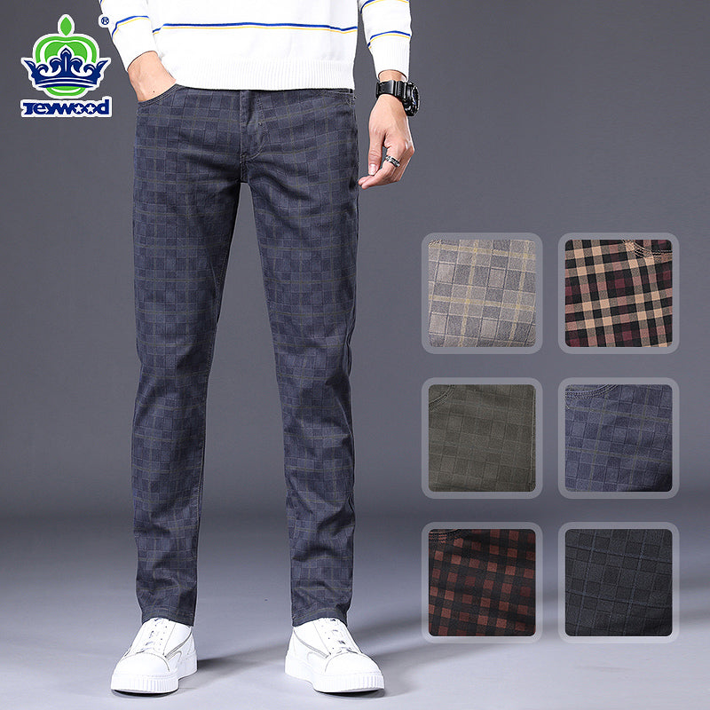 Jeywood Brand Spring Summer New Men&#39;s Slim Plaid Casual Pants High Quality 98%Cotton Stretch Classic Trousers Large Size 40 42