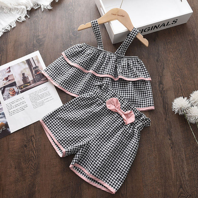 Keelorn Baby Girls New Clothes Suits 2022 Summer Love Plaid Print Toddler Girl Kids Clothes Tshirt Tops Waistband Pants Set 2-6Y