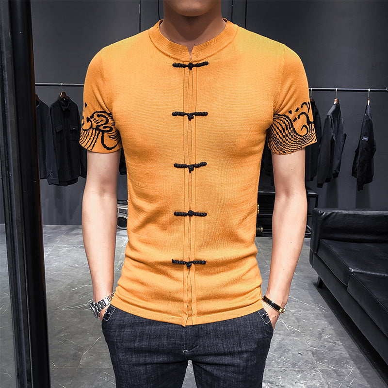 Knitting Sweater Chinese Style Button Sleeve Side Jacquard Weave Man Self-cultivation Knitting Short Sleeve Camisetas Hombre