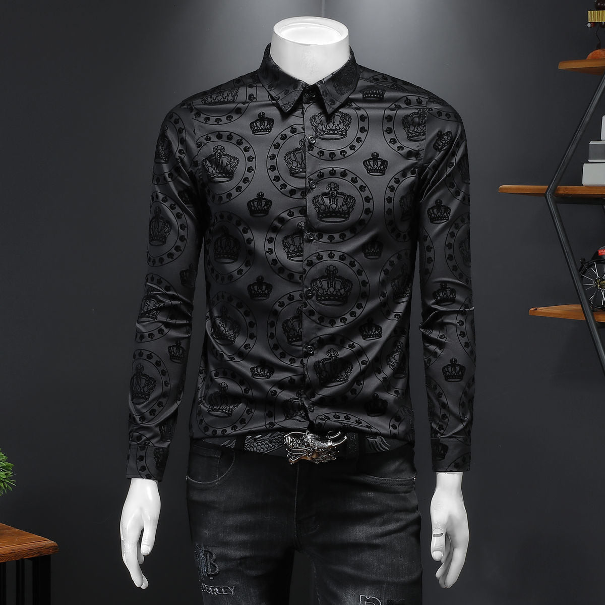 Luxury Black Crown Flocking Men Shirts Business Formal Dress Shirt Long Sleeve Casual Shirt Men&#39;s Shirt Camisa Social Masculina