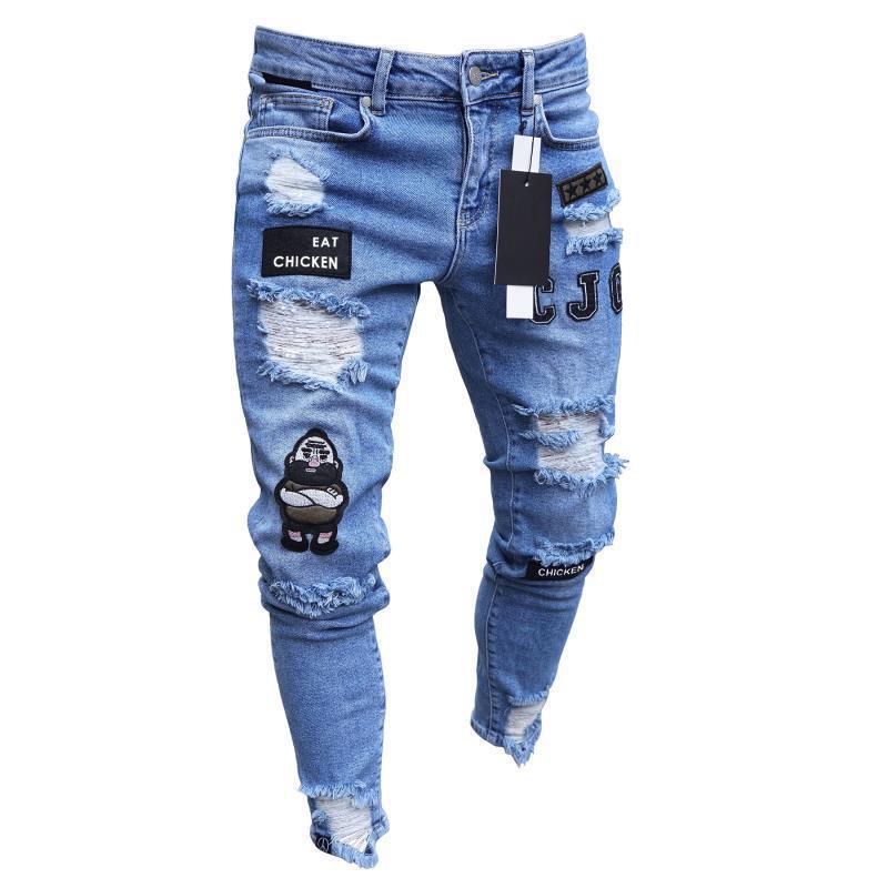 Men Stretchy Ripped Skinny Biker Embroidery Print Jeans Destroyed Hole Taped Slim Fit Denim Scratched High Quality Jean