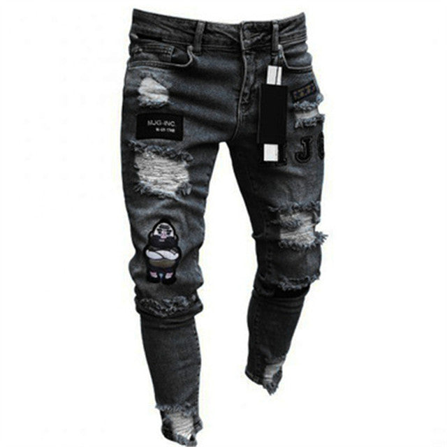 Men Stretchy Ripped Skinny Biker Embroidery Print Jeans Destroyed Hole Taped Slim Fit Denim Scratched High Quality Jean