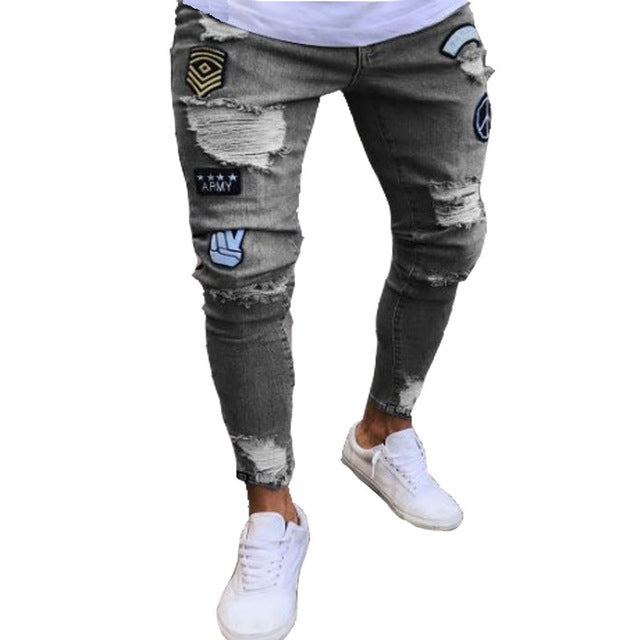 Men Stretchy Ripped Skinny Biker Embroidery Print Jeans Destroyed Hole Taped Slim Fit Denim Scratched High Quality Jean