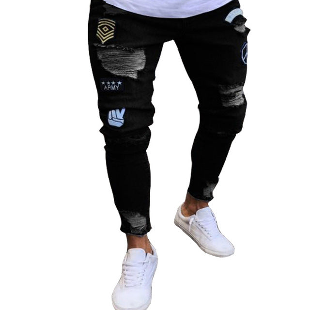 Men Stretchy Ripped Skinny Biker Embroidery Print Jeans Destroyed Hole Taped Slim Fit Denim Scratched High Quality Jean