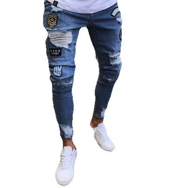 Men Stretchy Ripped Skinny Biker Embroidery Print Jeans Destroyed Hole Taped Slim Fit Denim Scratched High Quality Jean