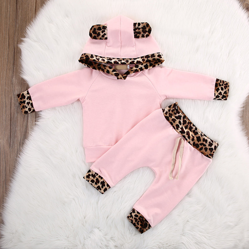 Menoea Infant Girls Leopard Clothing Sets Toddler Baby Fashion Patchwork Clothes Suits Hooded Tops Pants Outfits Fall Costumes