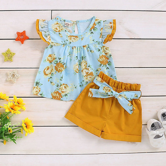 Menoea Kids Clothes Suits 2021 Children Fly-Sleeve Flower Pattern Tops Bow Belt Short Pants 2Pcs Clothes Suits For Girls Sets