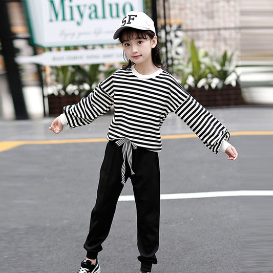 Menoea Teen Girls Clothes Autumn Casual Loose Clothing Sets Striped Long Sleeve and Solid Pants 2Pcs Teenagers Kids Active Suits