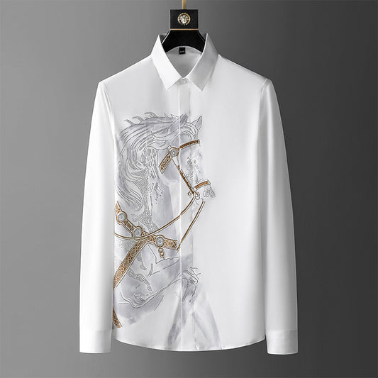 Rhinestones Shirts Mens Luxury Top Diamond Men&#39;s Shirt Long Mouw Slim Casual Shirt Black Animal Horse Shirt Social Camisa Hombre