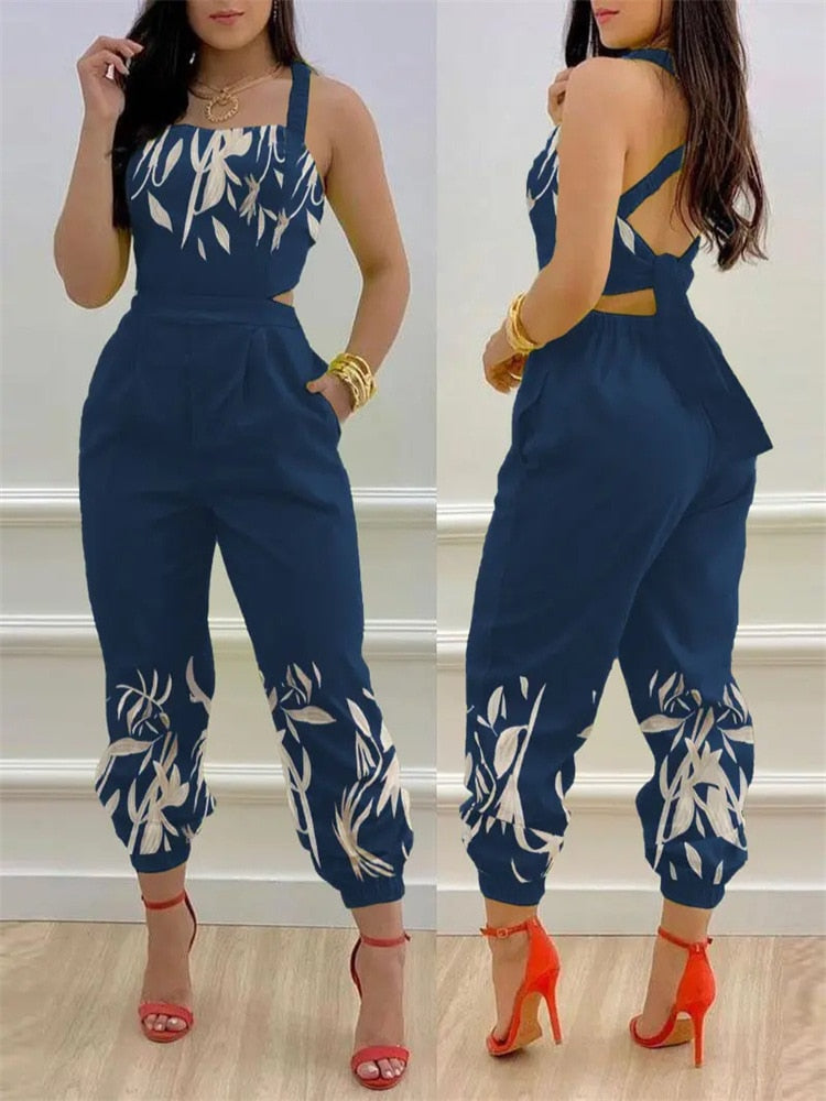 Lady Fashion One-Shoulder Romper Overalls Women Elegant Wide Leg Playsuits Retro Gold Butterfly Print Office Jumpsuit Streetwear