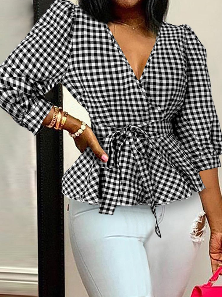 Celmia 2022 Autumn 3/4 Sleeve Casual Blouses Women Vintage Plaid Peplum Tops Sexy V Neck Bandage Wrap Shirts Checked Party Tunic