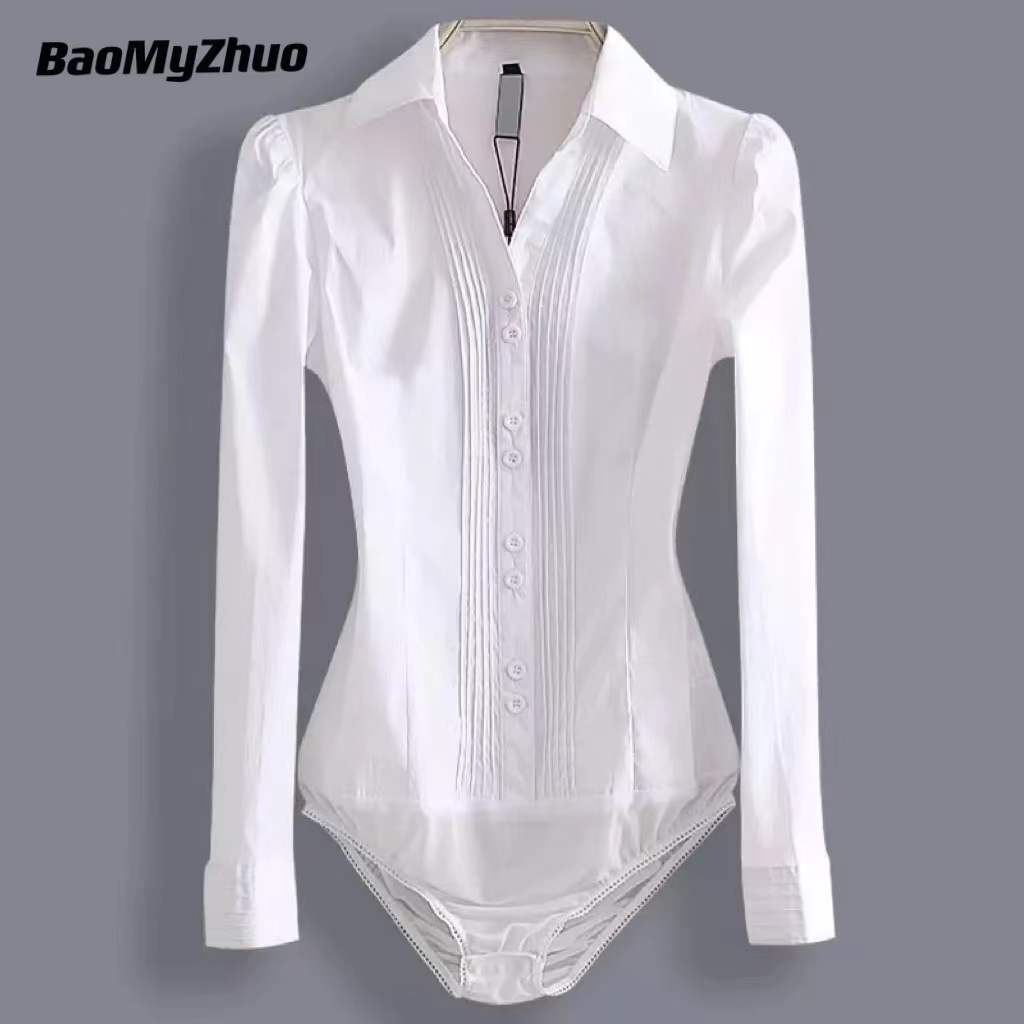 2022 New Elegant Bodysuits For Women Office White Blouses Long Sleeved Shirt Spring Fashion Casual Solid Tops Female Clothing