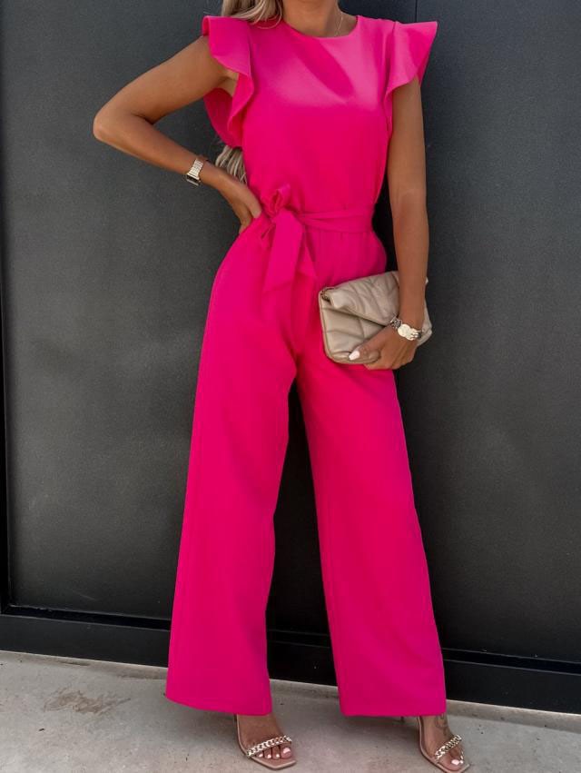 Fashion Solid Butterfly Sleeve Elegant Women Jumpsuit Summer O-neck With Belts Straight Playsuit Casual Office Lady Jumpsuits