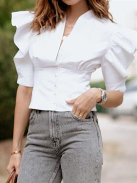 Women Fashion Ruffles White Shirts Celmia Elegant Office Tops Tunic 2022 Half Sleeve Summer Blouses Casual Loose Buttons Blusas