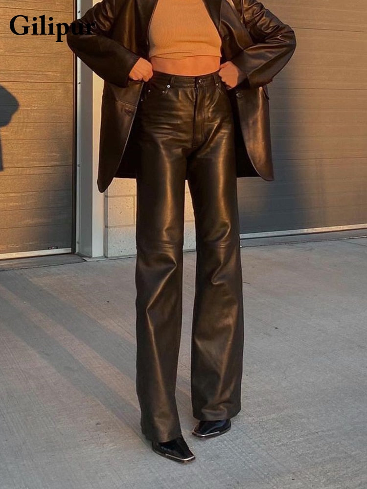 Black Faux Leather Pants Women 2021 New Straight Leg Pants Fashion Harajuku Black Baggy Trouser Casual Elegant High Waist Pants