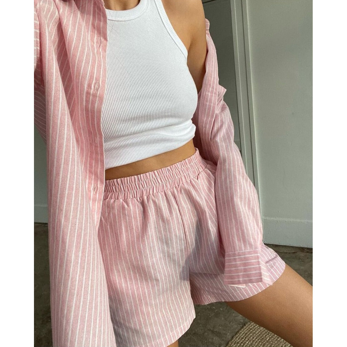 Stripe Long Sleeve Shirt Tops and Loose High Waisted Mini Shorts- Two Piece Set Pajamas