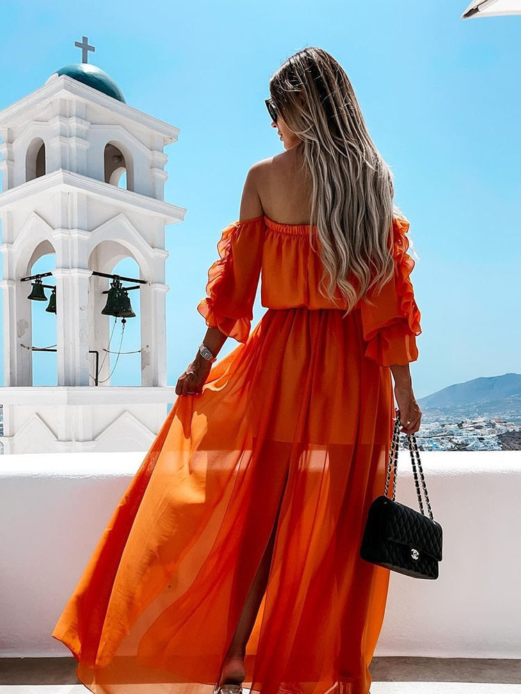 Women Sexy Off Shoulder High Slit Chiffon Dress Summer Bohemian Lace-up Chest Wrap Ruffles Sleeve Maxi Beach Dresses Woman 2022