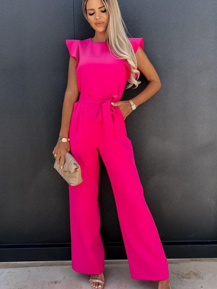 Fashion Solid Butterfly Sleeve Elegant Women Jumpsuit Summer O-neck With Belts Straight Playsuit Casual Office Lady Jumpsuits