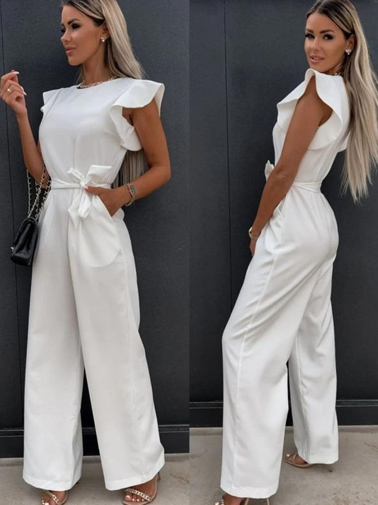 Fashion Solid Butterfly Sleeve Elegant Women Jumpsuit Summer O-neck With Belts Straight Playsuit Casual Office Lady Jumpsuits